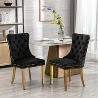 Modern High-end Tufted Solid Wood Velvet Upholstered Dining Chair Set of 2 with Golden Stainless Steel Legs and Nailhead Trim Black and Gold