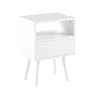 15.75 Inch Rattan End Table with Drawer Solid Wood Legs Modern Nightstand Side Table for Living Room Bedroom White