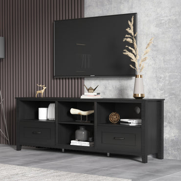 70 Inch Black TV Stand for Living Room and Bedroom with 2 Drawers and 4 Storage Compartments