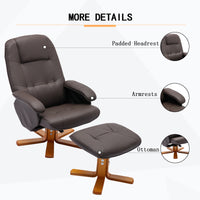 Swivel Recliner Chair with Ottoman Faux Leather Beige Brown Wood Base for Living Room Bedroom