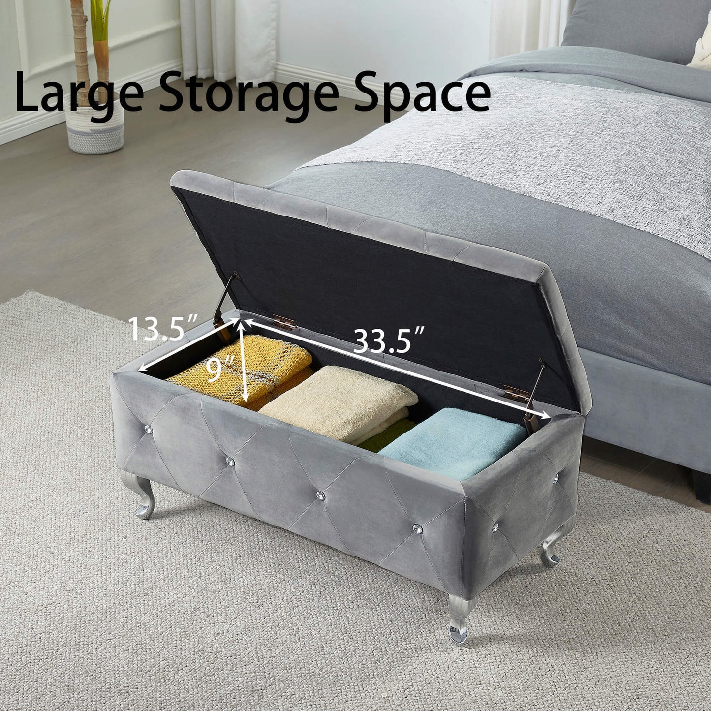 Tufted Storage Ottoman Bench for Bedroom End of Bed Large Upholstered Footrest with Crystal Buttons for Living Room Entryway Grey