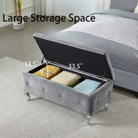 Tufted Storage Ottoman Bench for Bedroom End of Bed Large Upholstered Footrest with Crystal Buttons for Living Room Entryway Grey