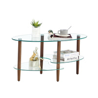 Transparent Oval Glass Coffee Table Modern Design Oak Wood Legs 3-Layer Living Room Tea Table