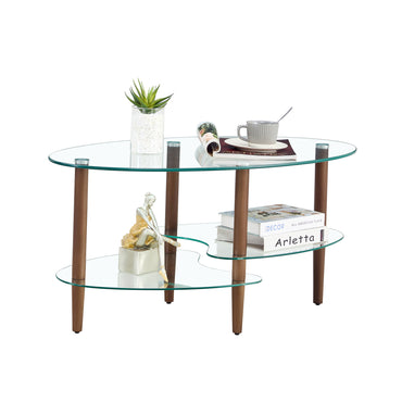 Transparent Oval Glass Coffee Table Modern Design Oak Wood Legs 3-Layer Living Room Tea Table