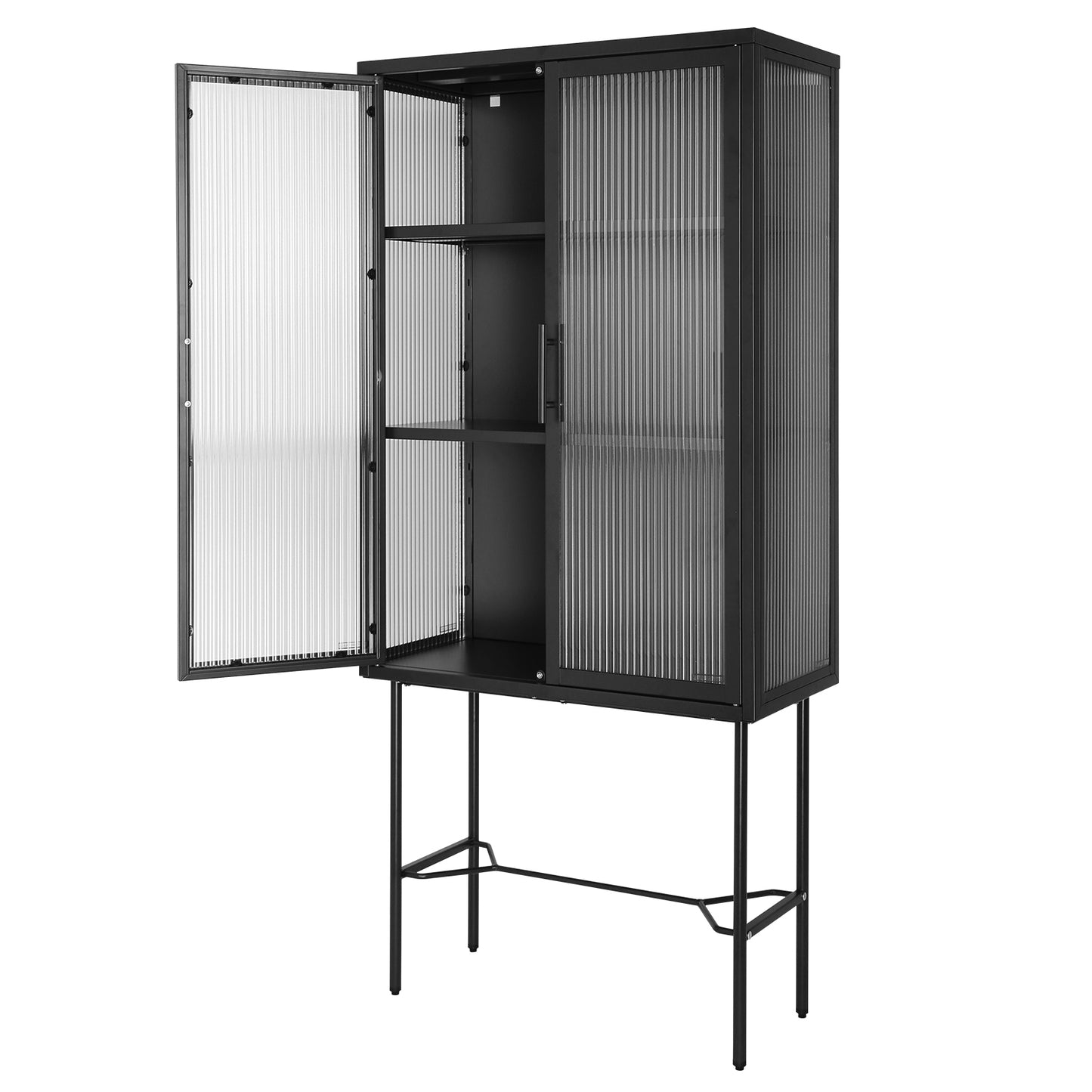 Elegant Floor Cabinet with 2 Tempered Glass Doors Adjustable Shelves Dust-Free Easy Assembly Black Living Room Display Storage