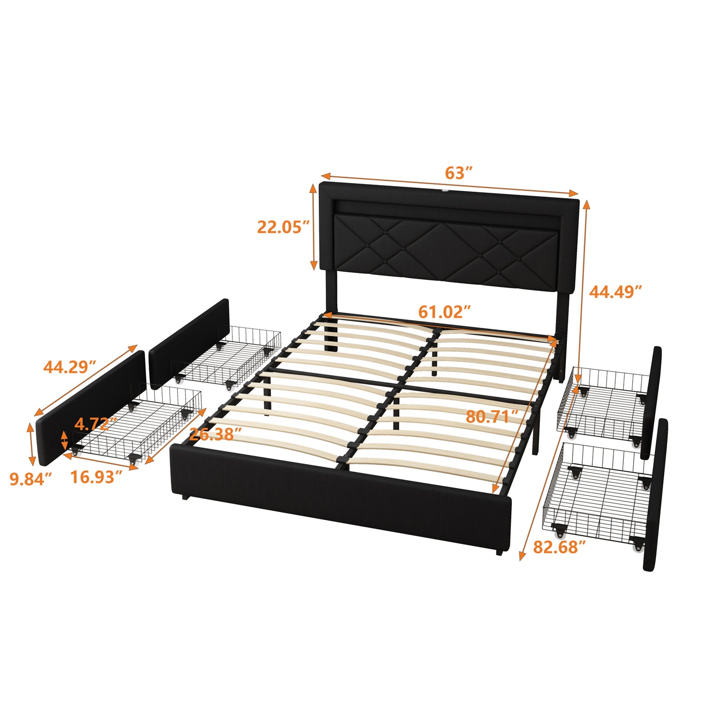 Black Queen Size Bed Frame with LED Lights USB Charging Station and Storage Drawers