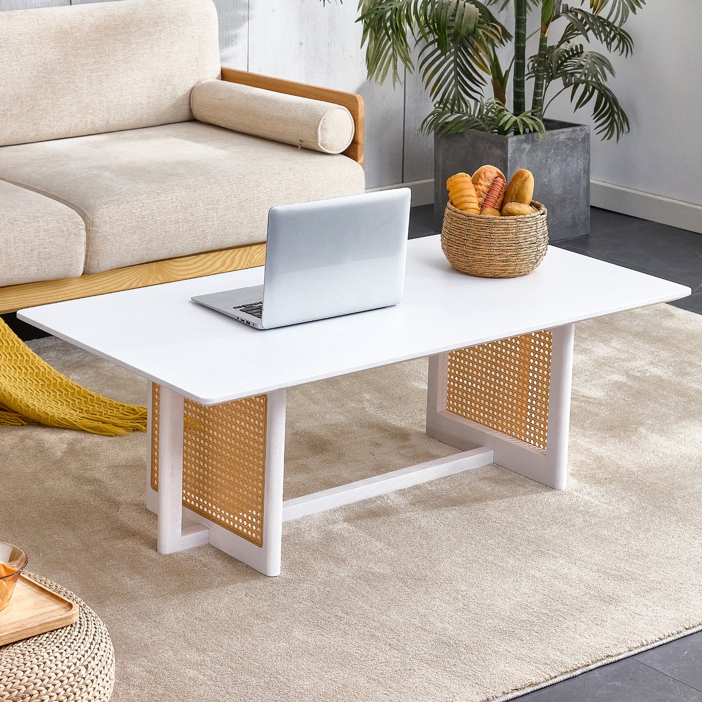 Chinese Style White Solid Wood Imitation Rattan Rectangular Coffee Table Small Living Room Low Table