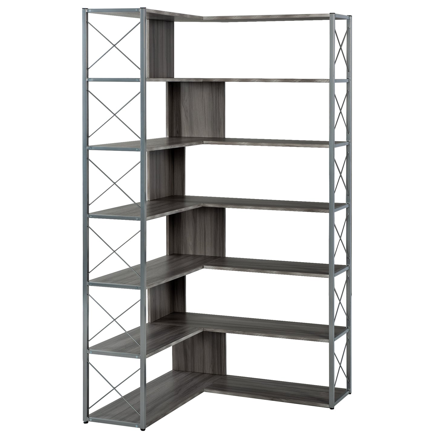 L-Shaped 7-Tier Corner Bookcase Industrial Style Metal Frame Open Storage Shelf MDF Board Home Office Furniture