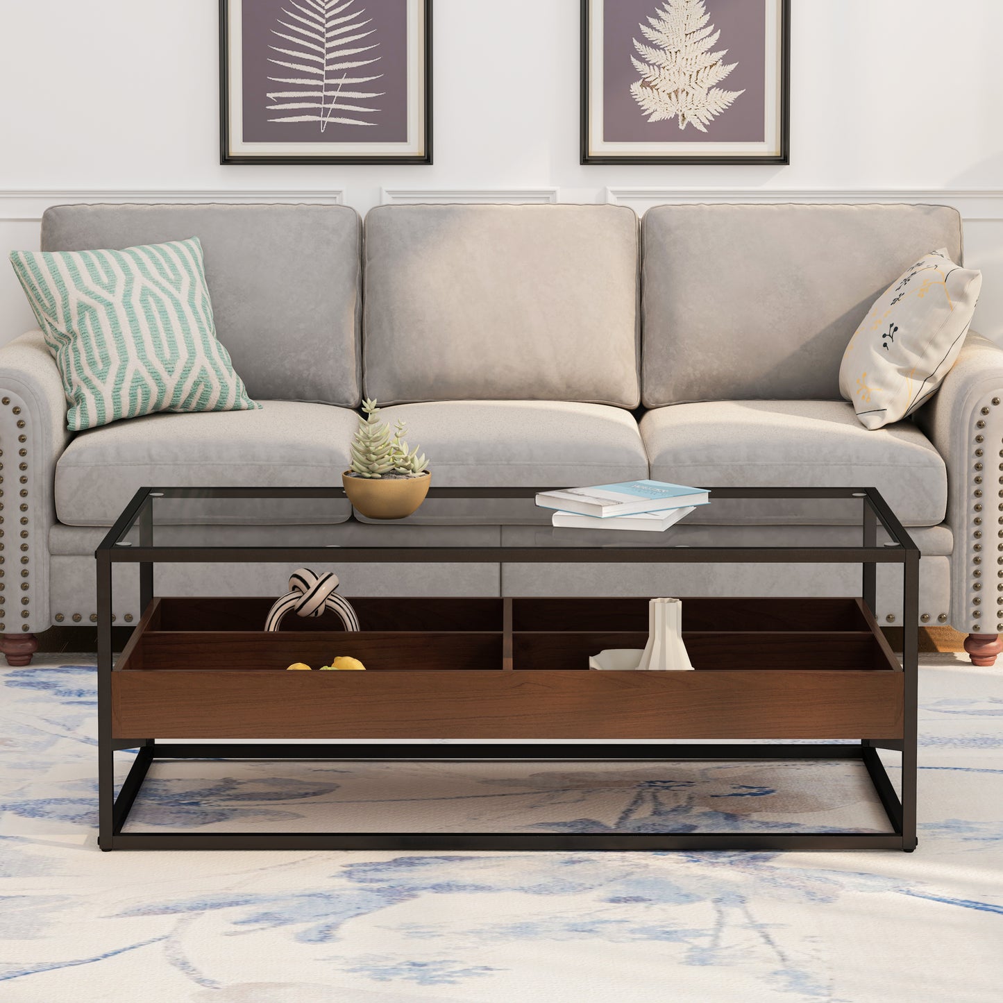 Rectangle Glass Coffee Table with Storage Shelf Metal Legs Modern Living Room Furniture 47.24 Inch