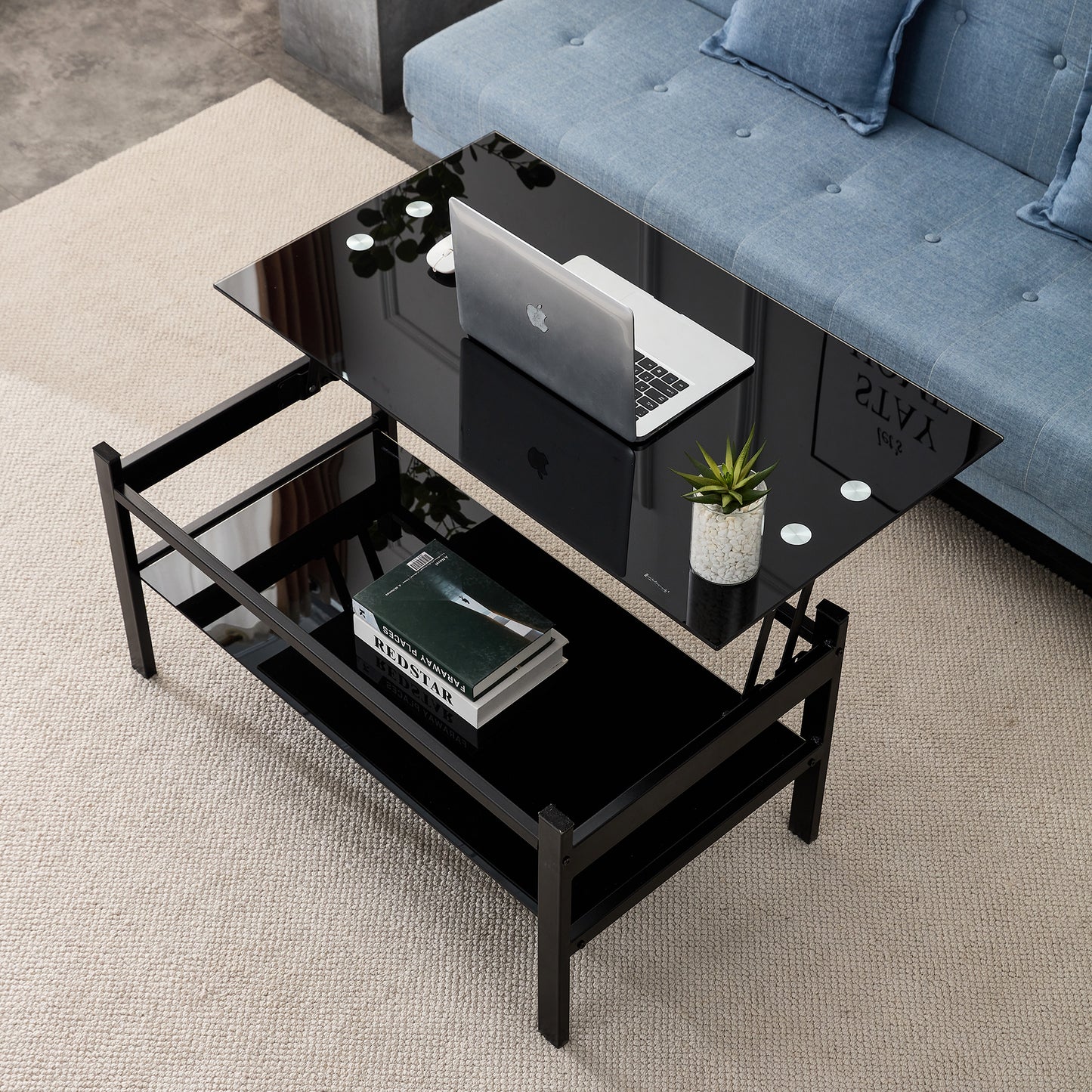 Modern Glass Lift Top Coffee Table with 2-Layer Design for Living Room Black Tempered Glass