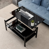Modern Glass Lift Top Coffee Table with 2-Layer Design for Living Room Black Tempered Glass