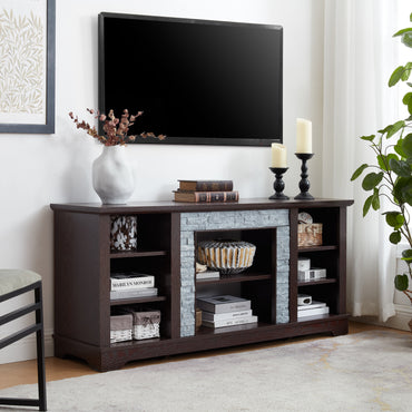 TV Media Stand with with Faux Stacked Stone Surround, Modern Entertainment Console with Open Storage Space, Cherry, 58.31"W*15.39"D*26.06"H