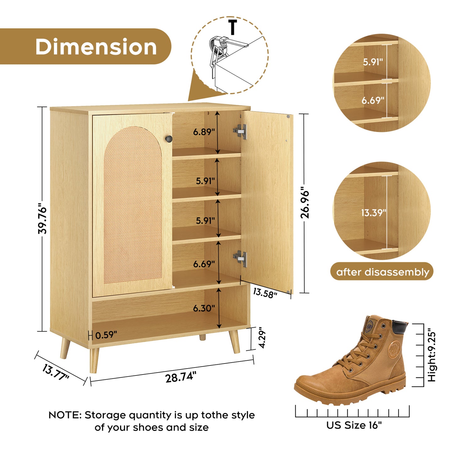 Shoe Storage Cabinet with Adjustable Shelves Natural Wood Doors Stylish Organizer for Entryway and Closet