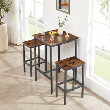 Industrial Square Bar Table Set with 2 Rustic Brown Chairs for Kitchen Living Room Space Saving 23.6x23.6x35.4 Inches