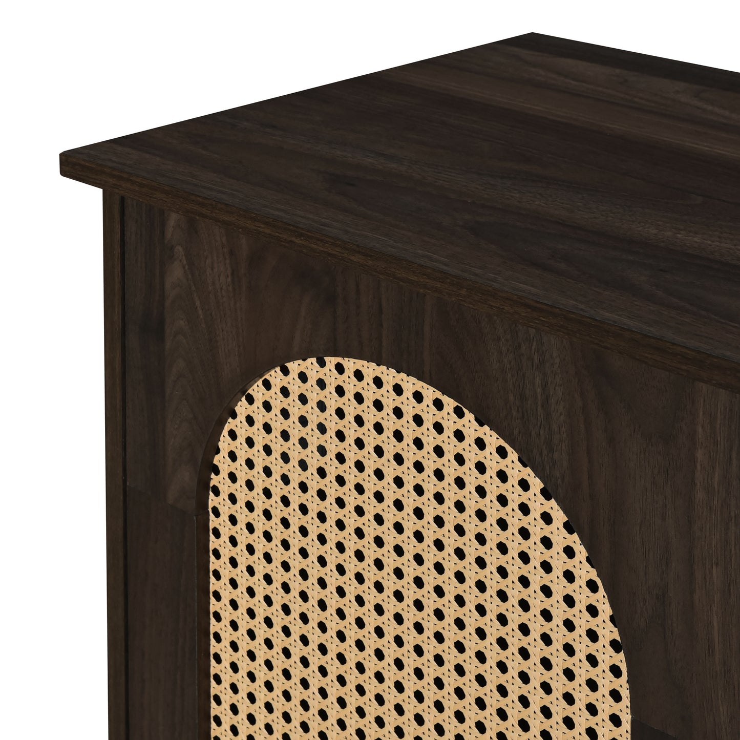 Retro 3-Door Accent Cabinet with Rattan Doors and Metal Handles for Living Room and Hallway Storage Brown