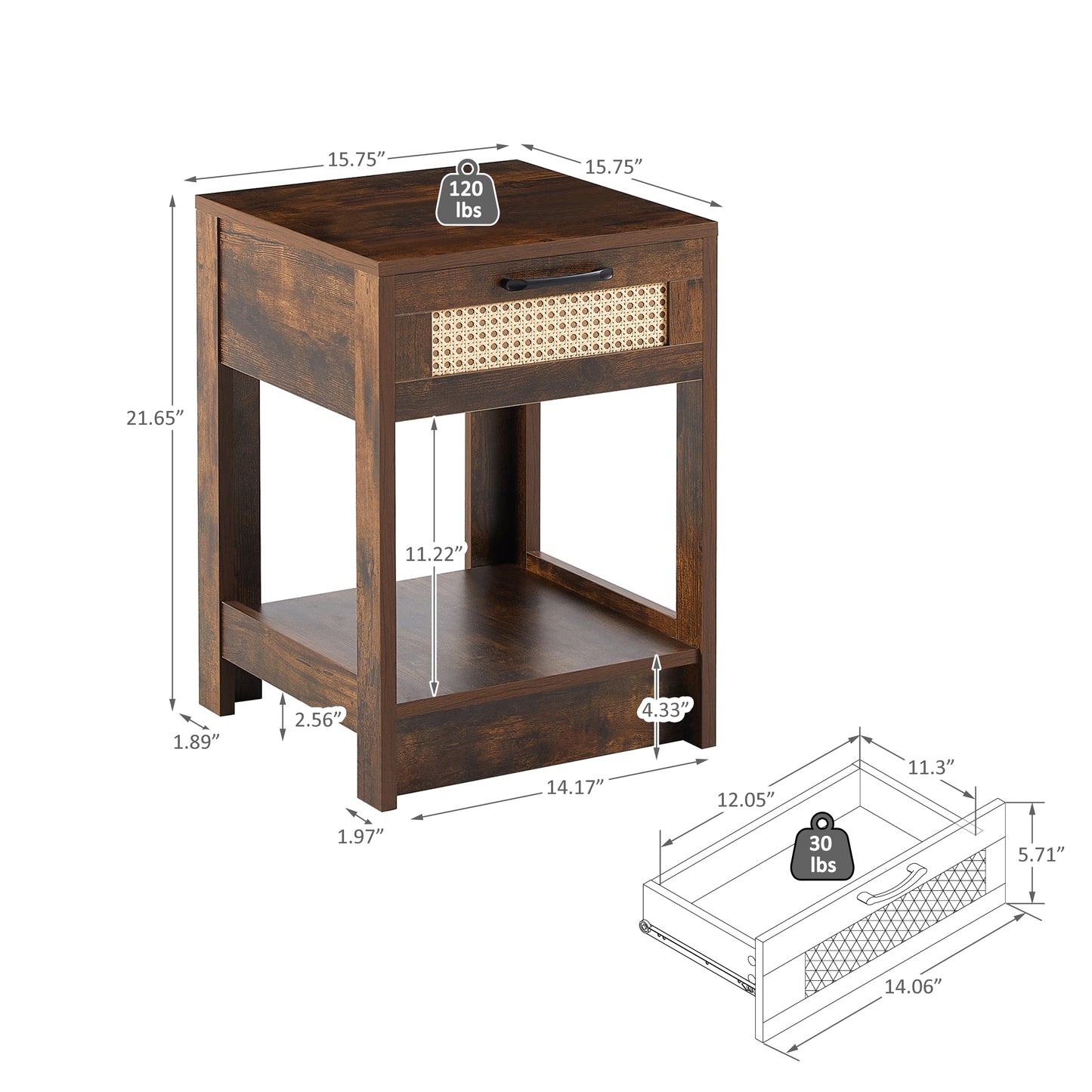 15.75" Rattan End table with  drawer, Modern nightstand, side table for living room, bedroom,Rustic Brown