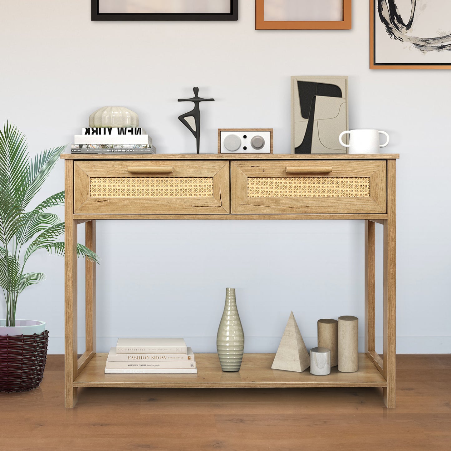 Console Table with 2 Drawers and Open Storage Shelf Narrow Accent Table Rattan Design for Living Room Entryway Hallway Natural Color