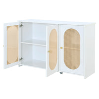 Retro 3-Door Accent Cabinet with Rattan Doors and Metal Handles for Living Room and Hallway Storage White