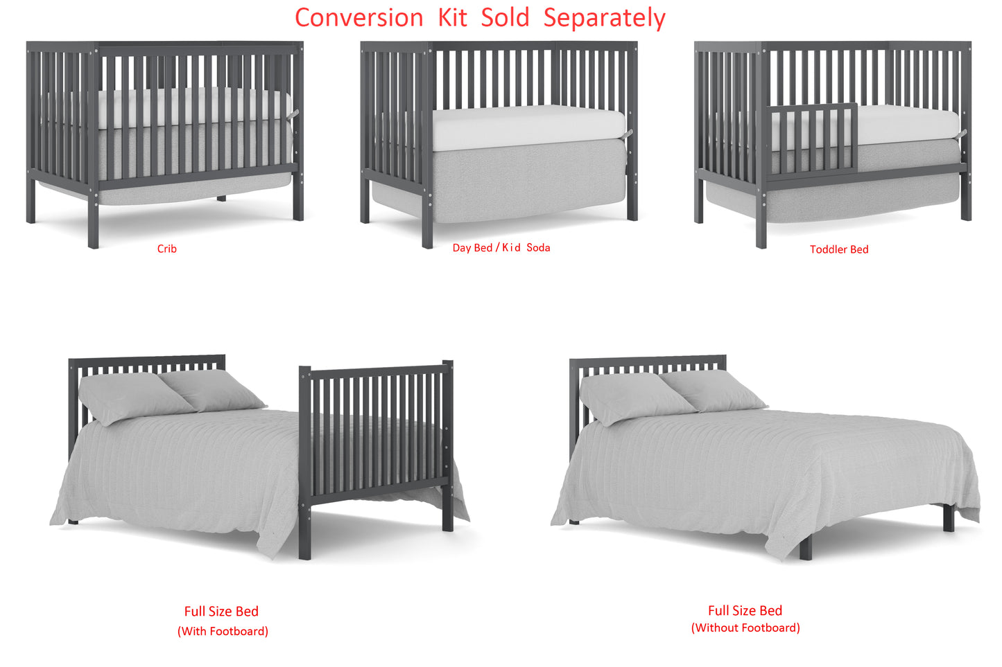 5-In-1 Convertible Crib Toddler Bed Fits Standard Full-Size Mattress Easy Assembly Storm Grey 53x29x9 Inches