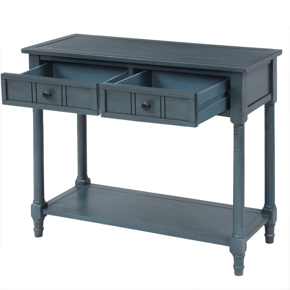 Traditional Console Table with Two Drawers and Bottom Shelf in Navy Finish