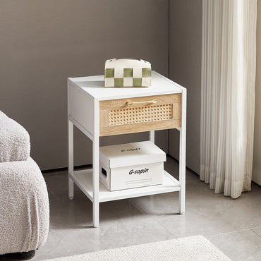 15.74 Inch Rattan End Table with Drawer Modern Nightstand Metal Legs Side Table for Living Room Bedroom White