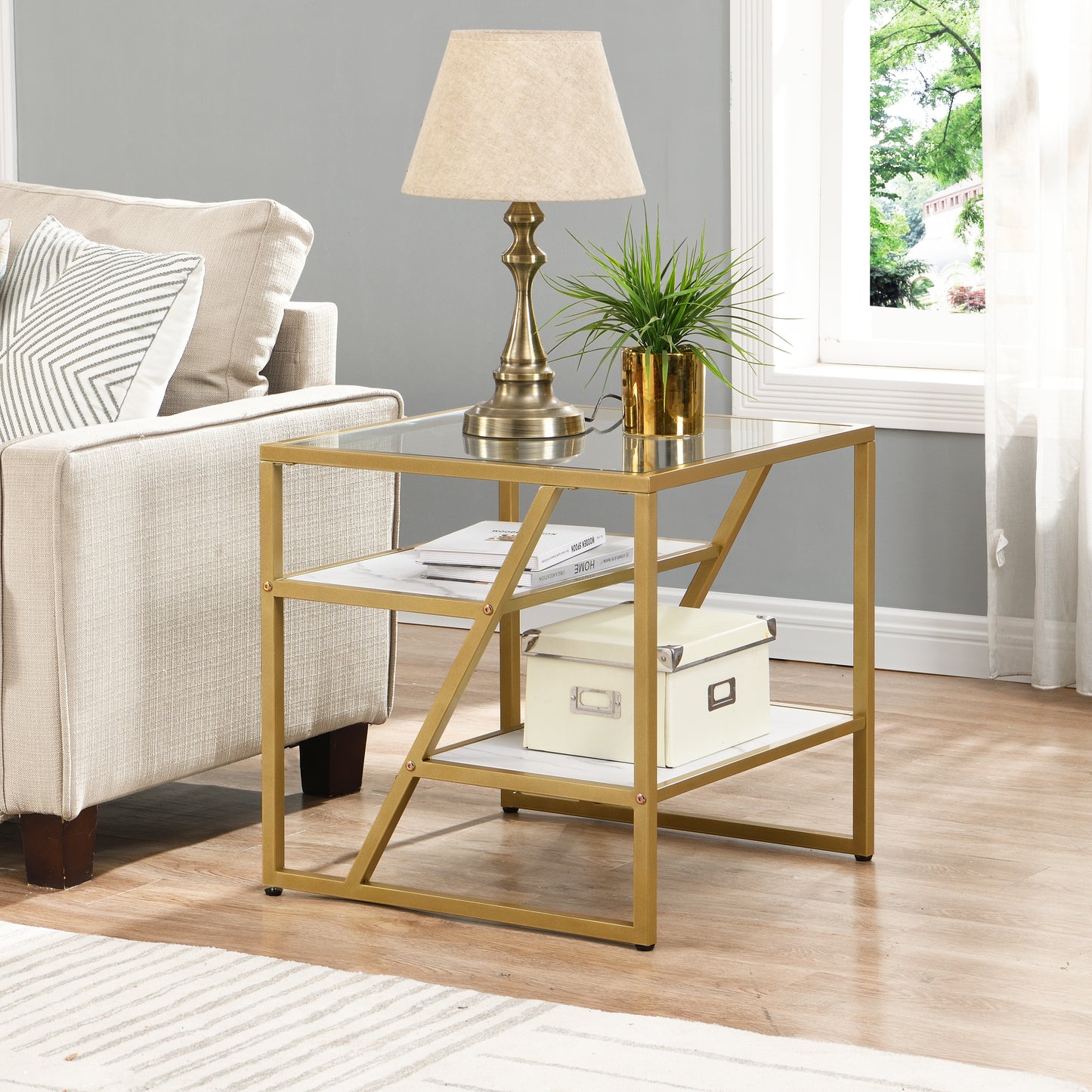 Golden Side Table with Storage Shelf Tempered Glass Top Metal Frame for Living Room and Bedroom