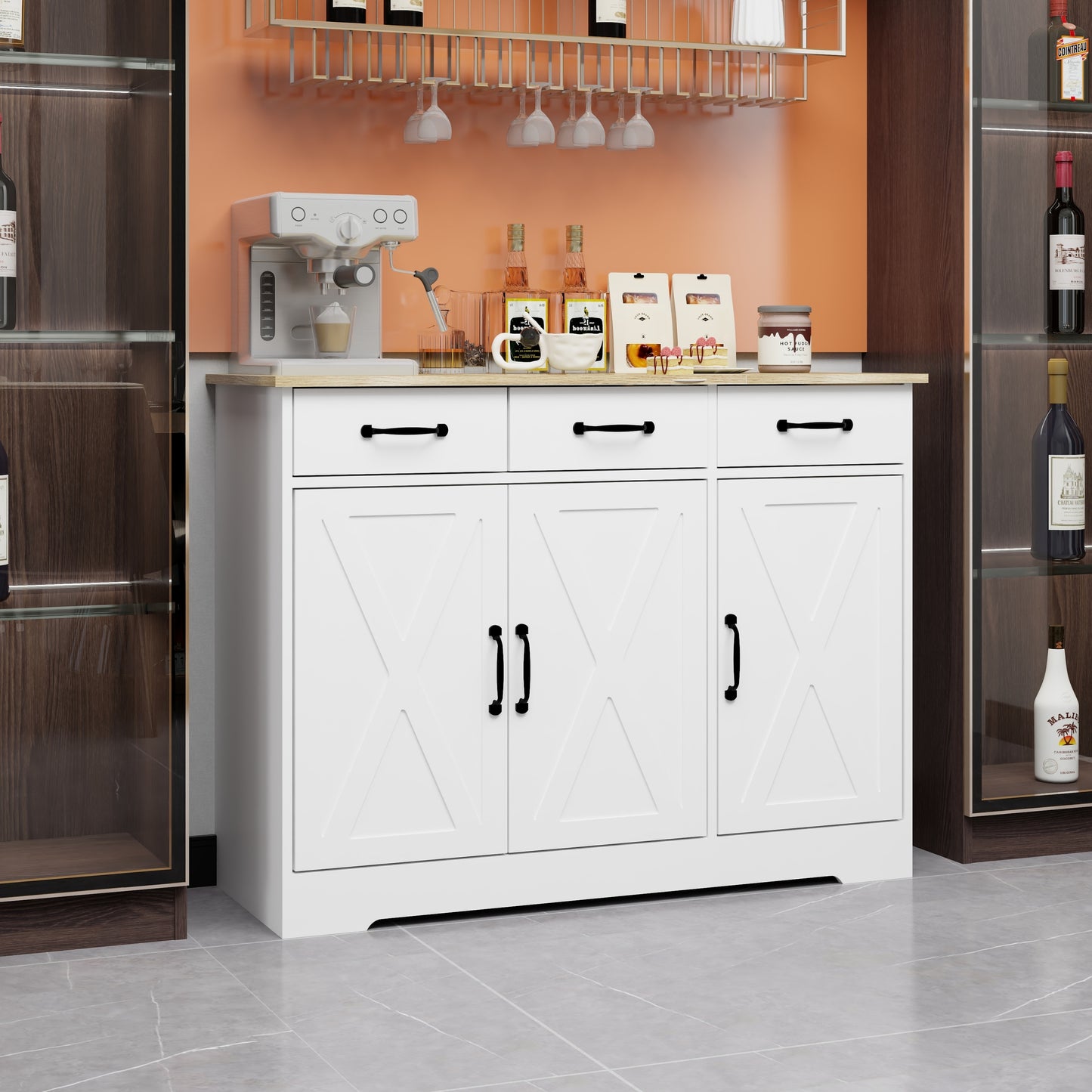 Farmhouse Buffet Cabinet Storage Sideboard with 3 Drawers and 3 Doors for Dining Living Room Kitchen Cupboard-White