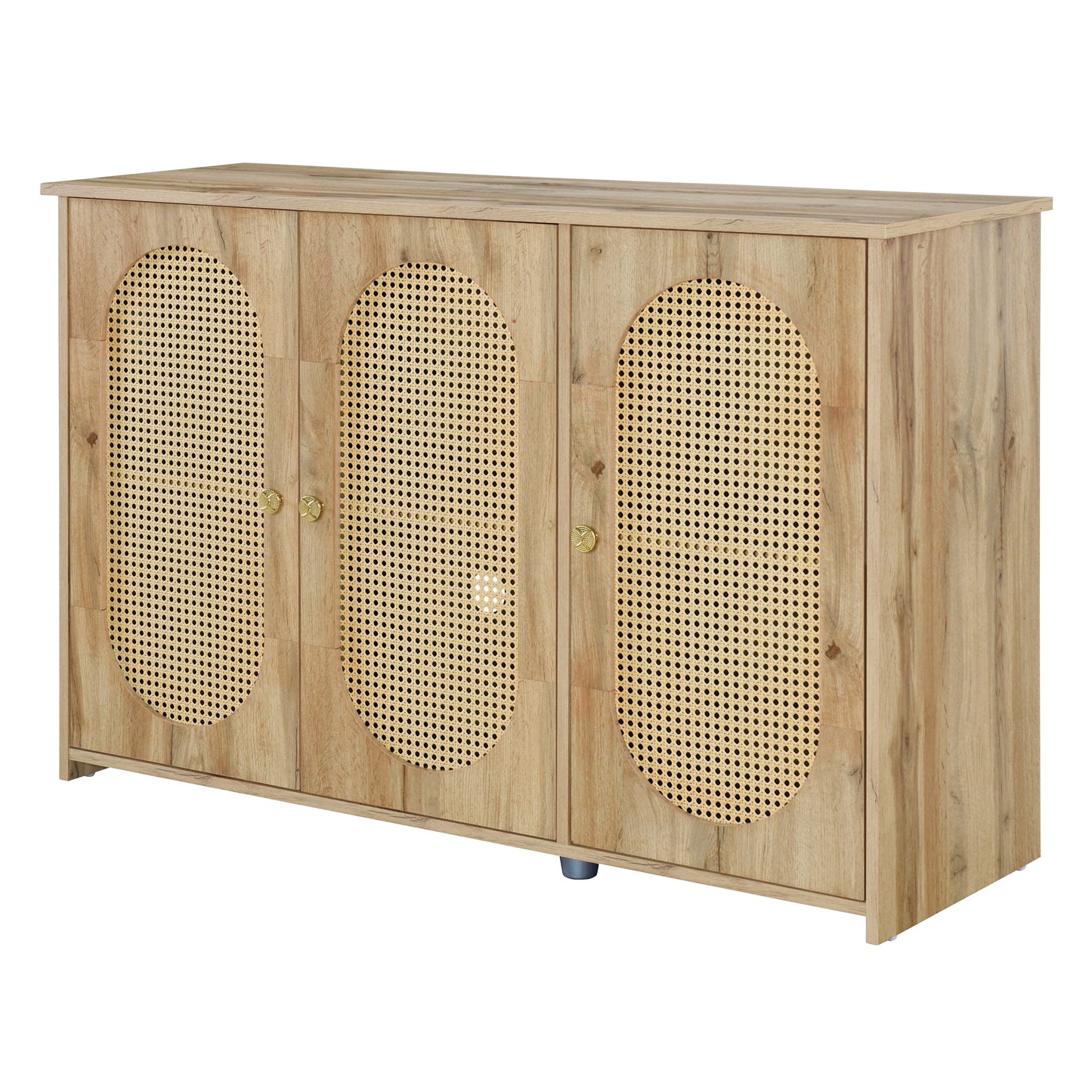 Retro 3-Door Accent Cabinet with Rattan Doors and Metal Handles Stylish Storage Solution for Living Room and Hallway Natural Wood Finish