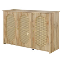 Retro 3-Door Accent Cabinet with Rattan Doors and Metal Handles Stylish Storage Solution for Living Room and Hallway Natural Wood Finish