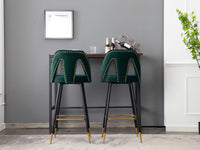 Modern Velvet Upholstered Bar Stool Set of 2 with Nailheads and Gold Tipped Black Metal Legs Green