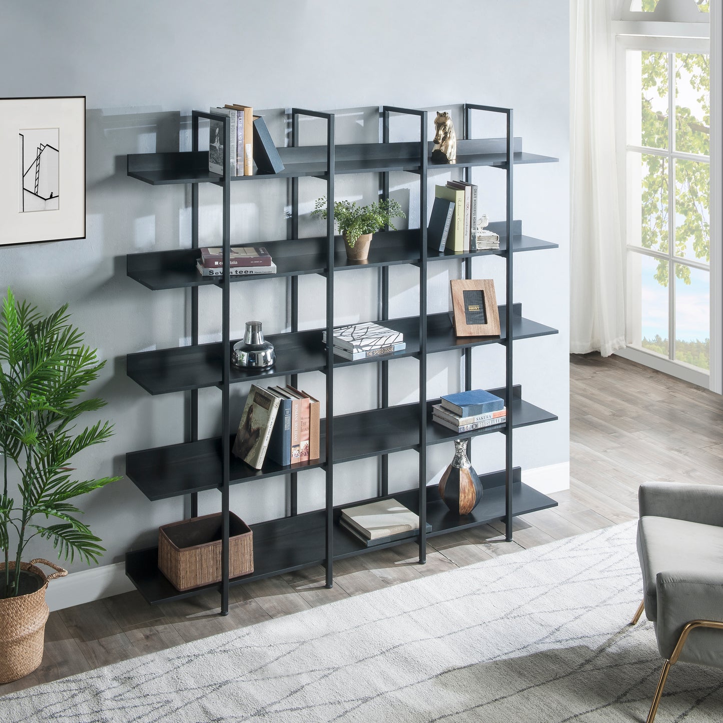 5 Tier Bookcase Home Office Open Bookshelf, Vintage Industrial Style Shelf With Metal Frame, MDF Board