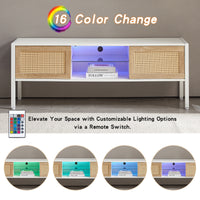 Rattan TV Cabinet with Color Changing Light Strip Double Sliding Doors Adjustable Shelf Metal Legs for Living Room White