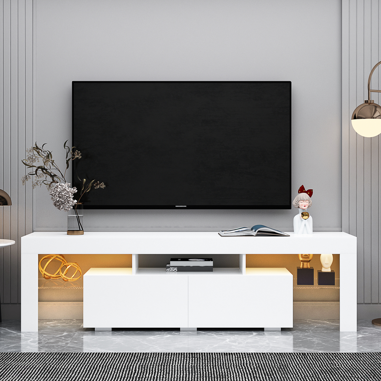 Modern White TV Stand with 20 Color LED Lights & Remote Control - Stylish Entertainment Center