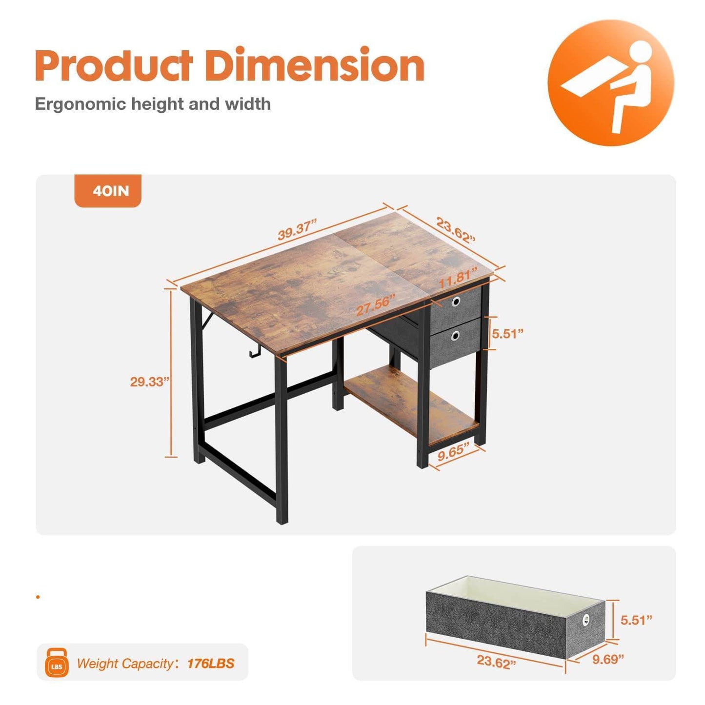 Modern Simple Style Home Office Writing Desk with 2-Tier Drawers Vintage Rustic Design 40 Inch Storage Solution