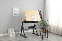 Adjustable Drawing Drafting Table Desk with 2 Drawers for Home Office and School with Stool Wood