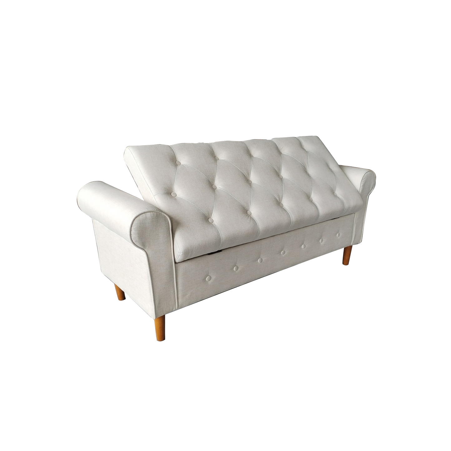 62 Inch Tufted Button Storage Bench Modern Fabric Ottoman Rolled Arm Design for Bedroom Living Room Foyer Beige