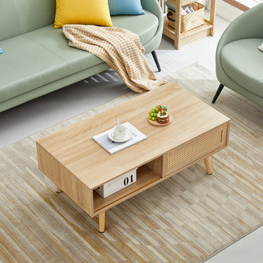 41.34 Inch Rattan Coffee Table with Sliding Door Storage Solid Wood Legs Modern Living Room Furniture Natural Design