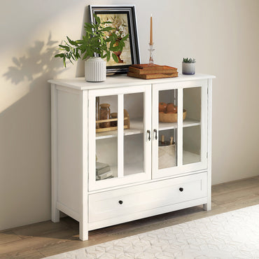 Buffet Storage Cabinet with Double Glass Doors Unique Bell Handle Stylish Home Furniture