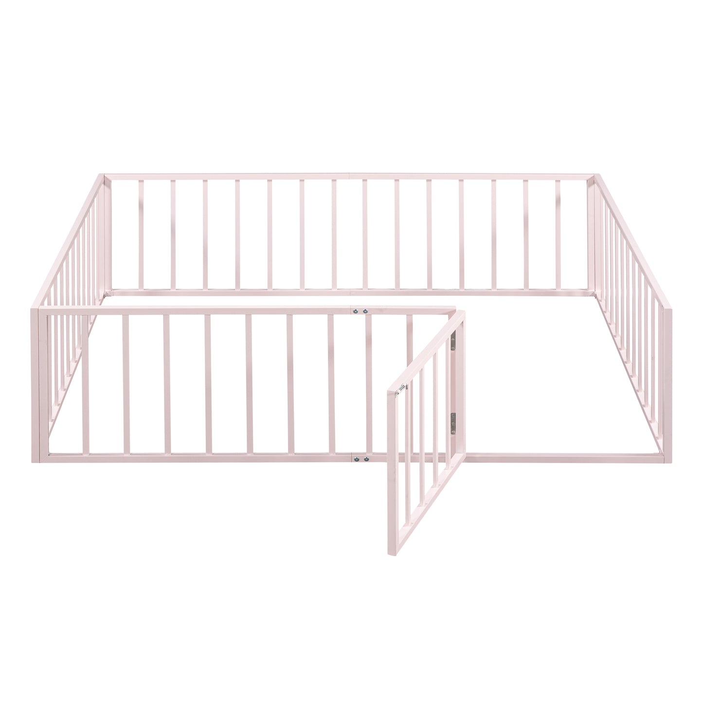 Full Size Metal Floor Bed Frame with Fence and Door, Pink