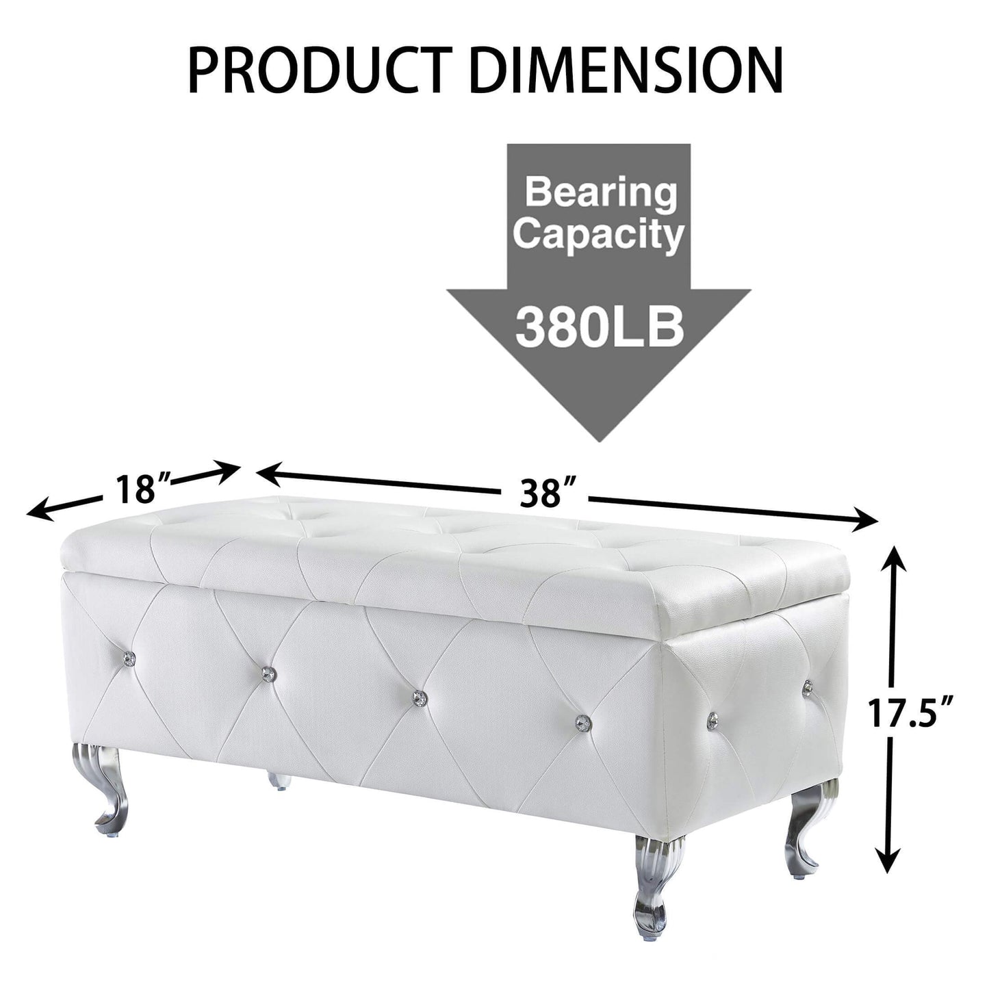 Upholstered Storage Ottoman Bench Faux Leather Rectangular Footrest with Crystal Buttons for Bedroom Living Room Entryway White