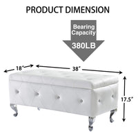 Upholstered Storage Ottoman Bench Faux Leather Rectangular Footrest with Crystal Buttons for Bedroom Living Room Entryway White