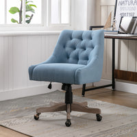 Adjustable Height Swivel Office Chair with Wheels Linen Fabric Upholstered Desk Chair Wooden Legs Navy