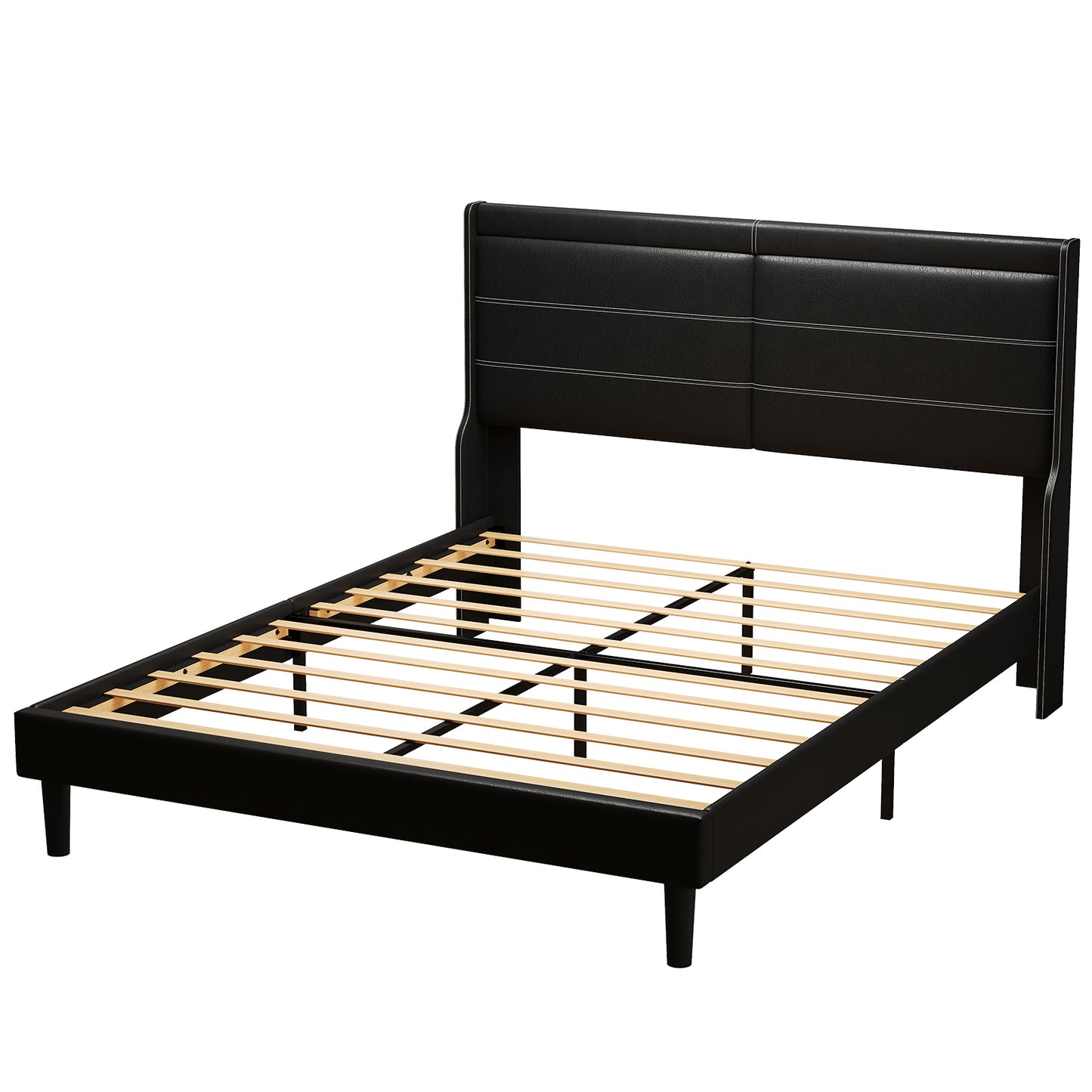 Queen PU Leather Upholstered Bed Frame with LED Lights Wing-Back Headboard Strong Wooden Slats No Box Spring Black