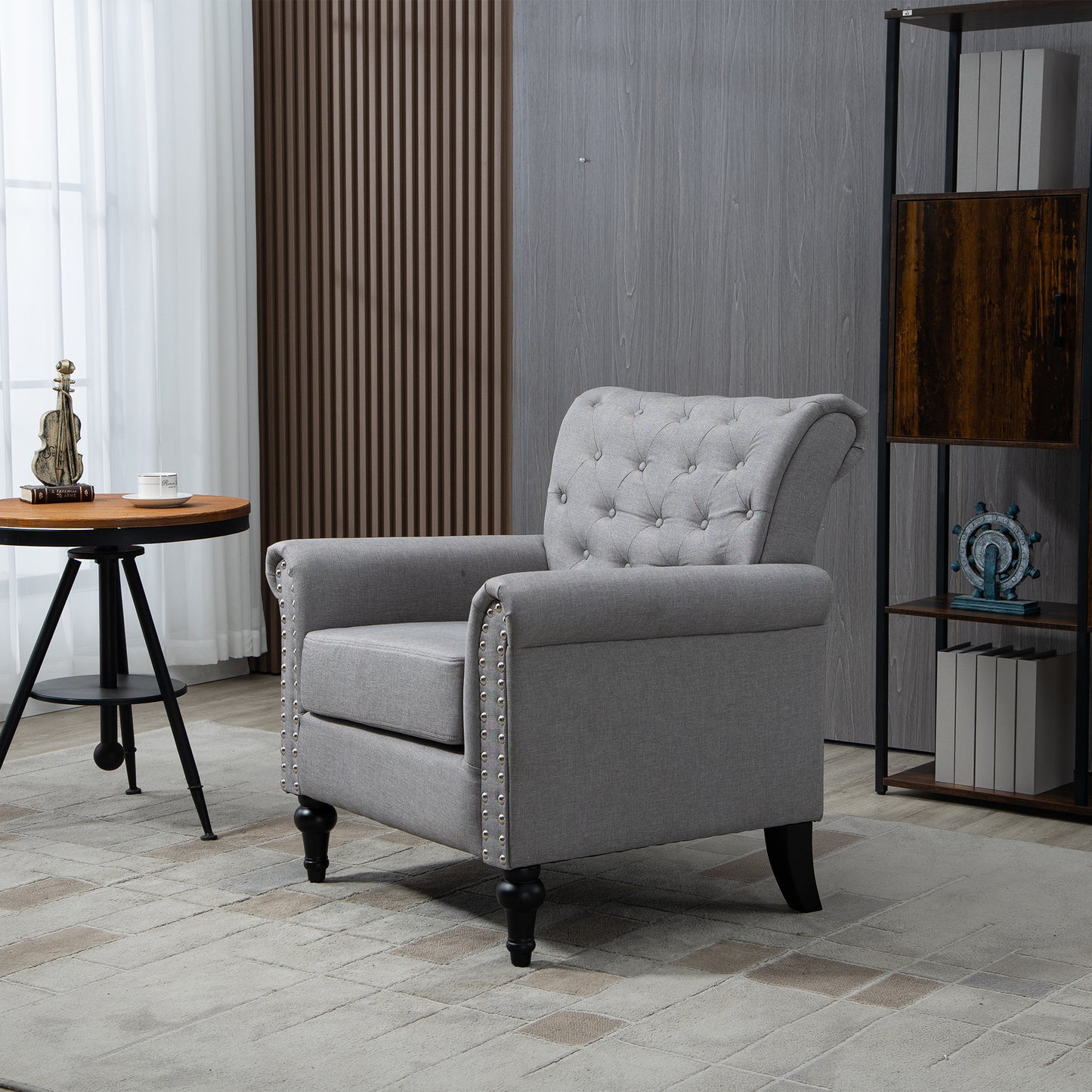 Mid-Century Modern Accent Chair Linen Armchair Tufted Back Wood Legs Upholstered Lounge Chair for Living Room Bedroom Light Grey