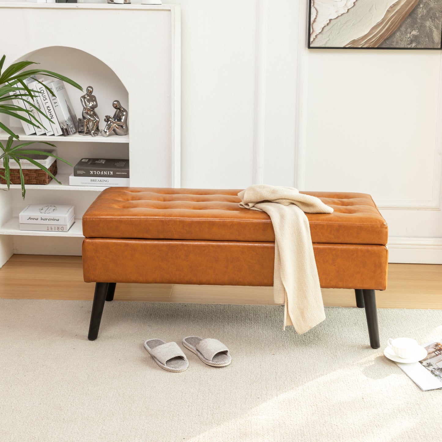 Brown Leather Storage Bench for Bedroom Entryway 43.3" Stylish Ottoman at Foot of Bed