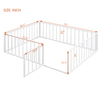 Full Size Metal Floor Bed Frame with Fence and Door, White
