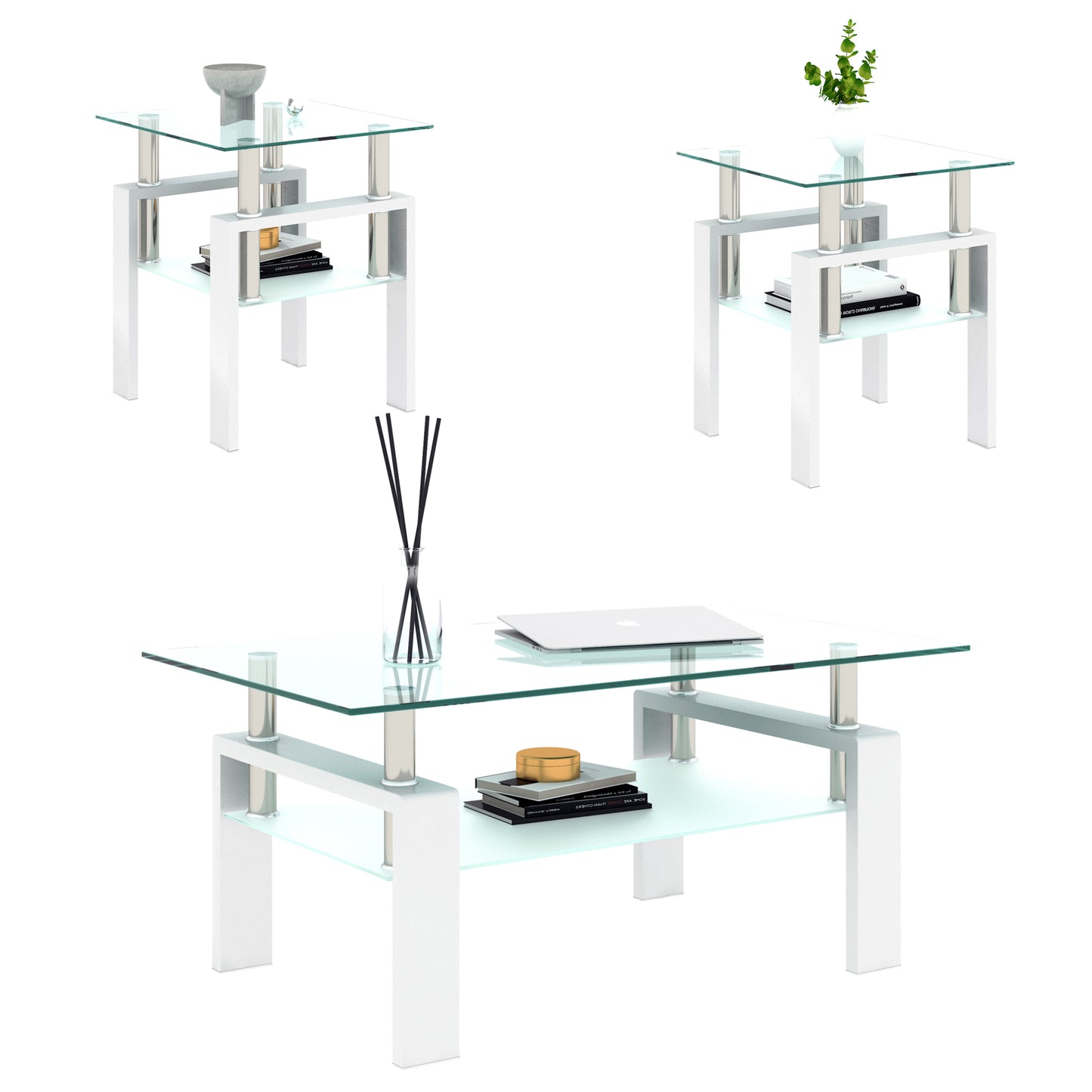 Set of 2, Modern Tempered Glass Tea Table Coffee Table End Table, Square Table for Living Room, Transparent/White