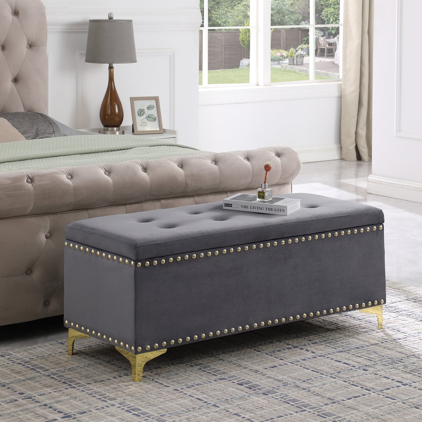 Large Storage Benches with Nailhead Trim Tufted Velvet 2 in 1 Combination for Living Room Entryway Hallway Bedroom Gold Legs 250lbs Capacity