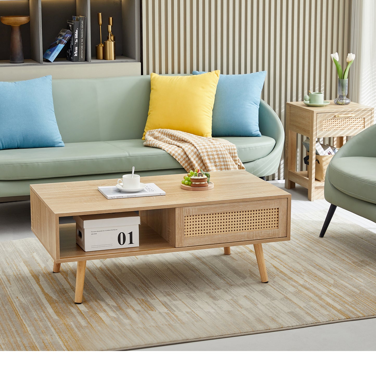 41.34 Inch Rattan Coffee Table with Sliding Door Storage Solid Wood Legs Modern Living Room Furniture Natural Design