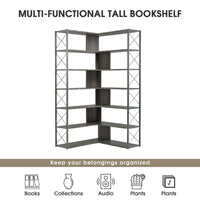 L-Shaped 7-Tier Corner Bookcase Industrial Style Metal Frame Open Storage Shelf MDF Board Home Office Furniture